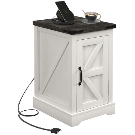 HOMCOM Farmhouse End Table with Charging Station and Storage Cabinet