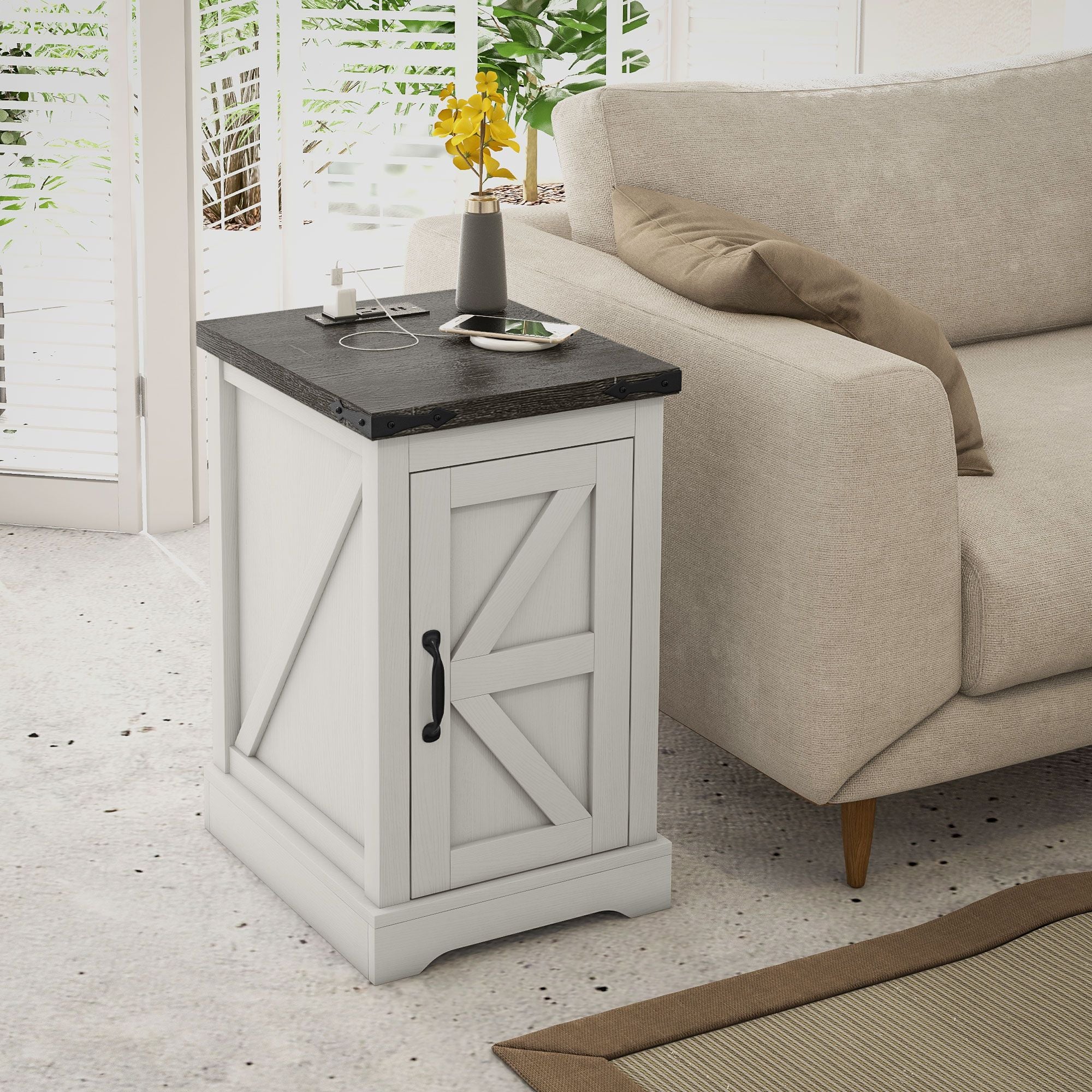 HOMCOM Farmhouse End Table with Charging Station and Storage Cabinet