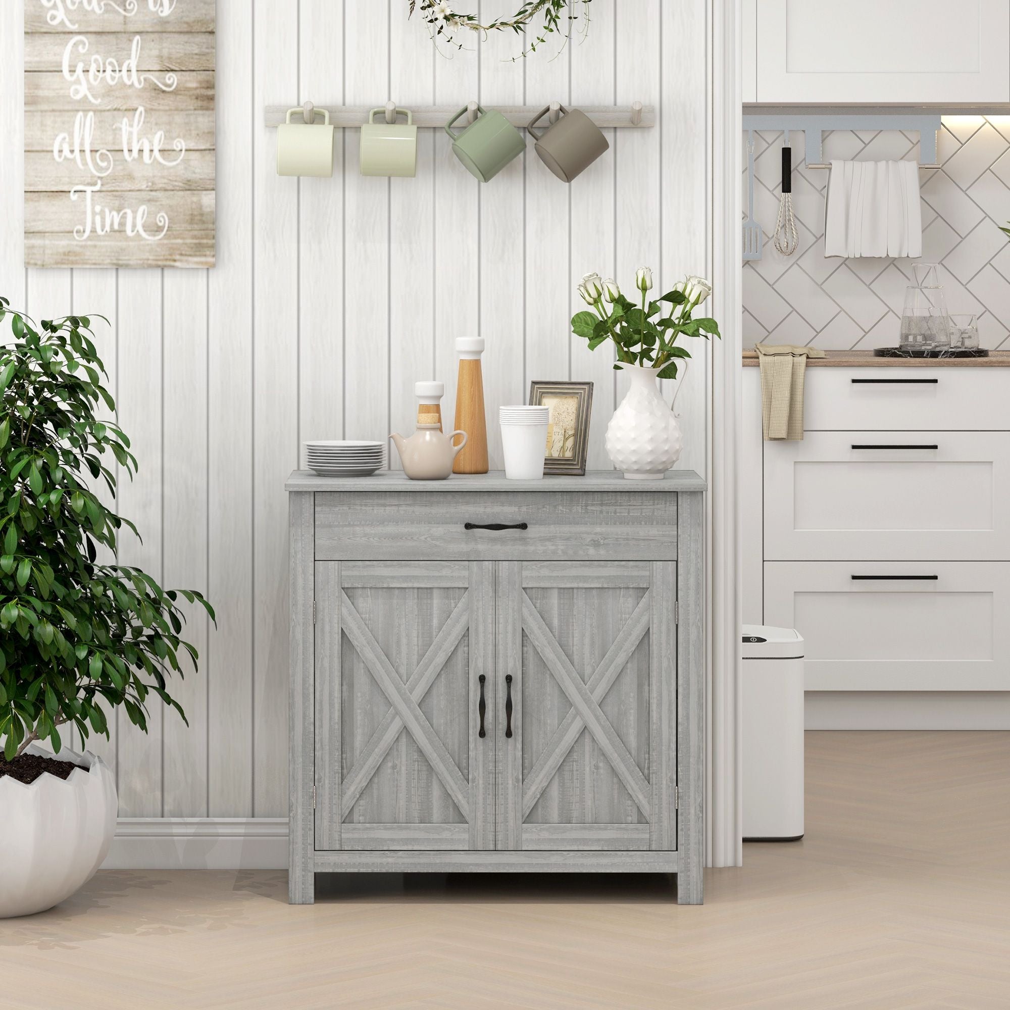 HOMCOM Farmhouse Sideboard Buffet Cabinet, Barn Door Coffee Bar Cabinet with Drawer and Adjustable S