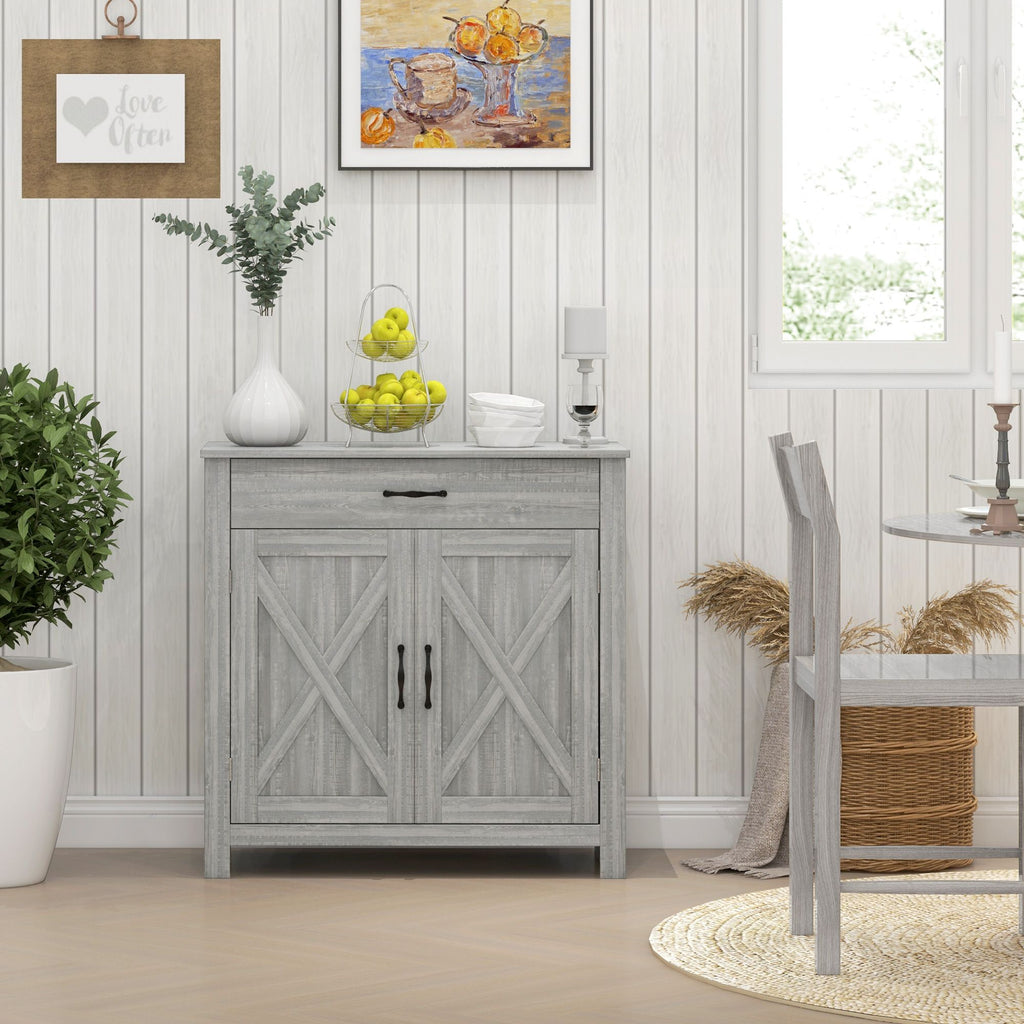 HOMCOM Farmhouse Sideboard Buffet Cabinet, Barn Door Coffee Bar Cabinet with Drawer and Adjustable S