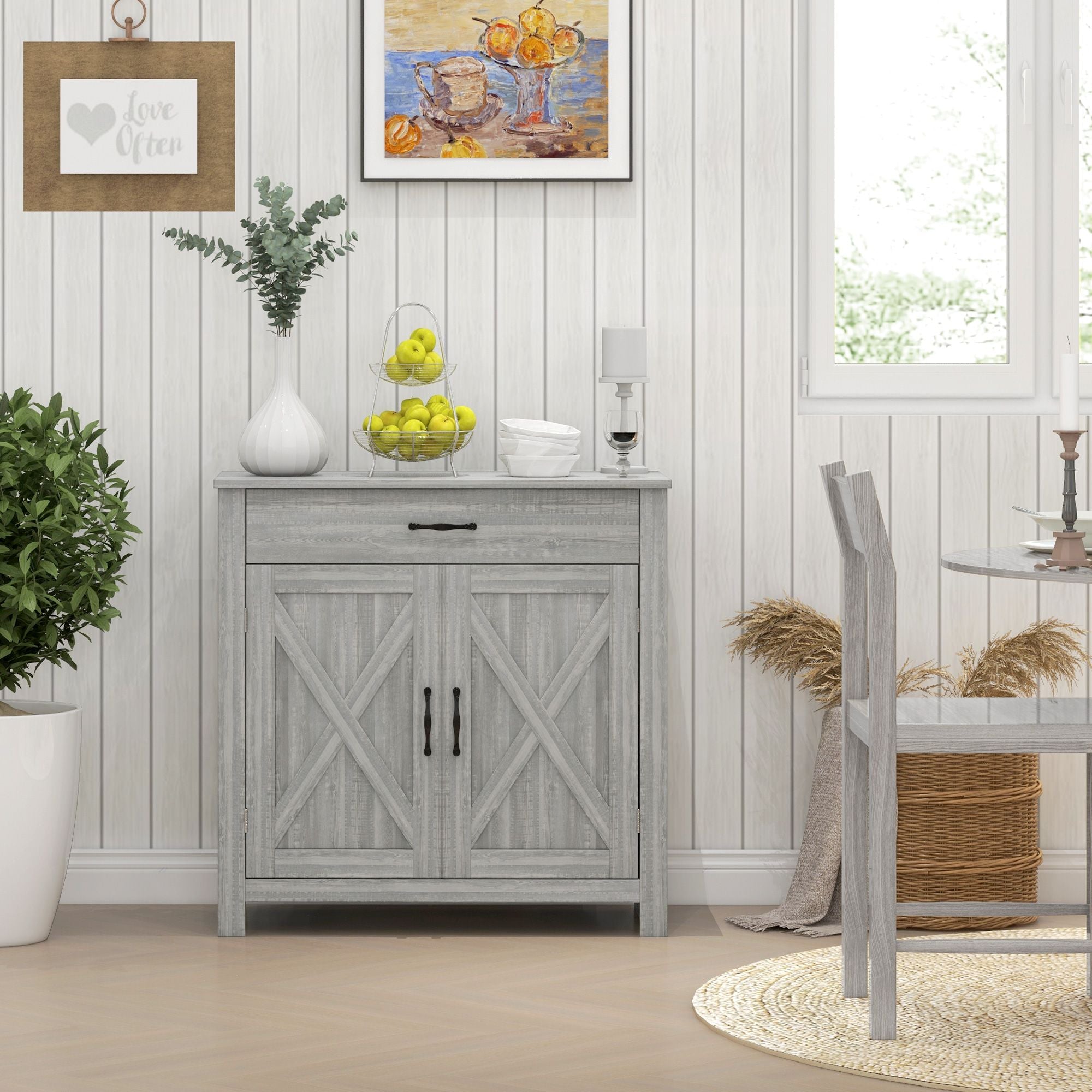 HOMCOM Farmhouse Sideboard Buffet Cabinet, Barn Door Coffee Bar Cabinet with Drawer and Adjustable S