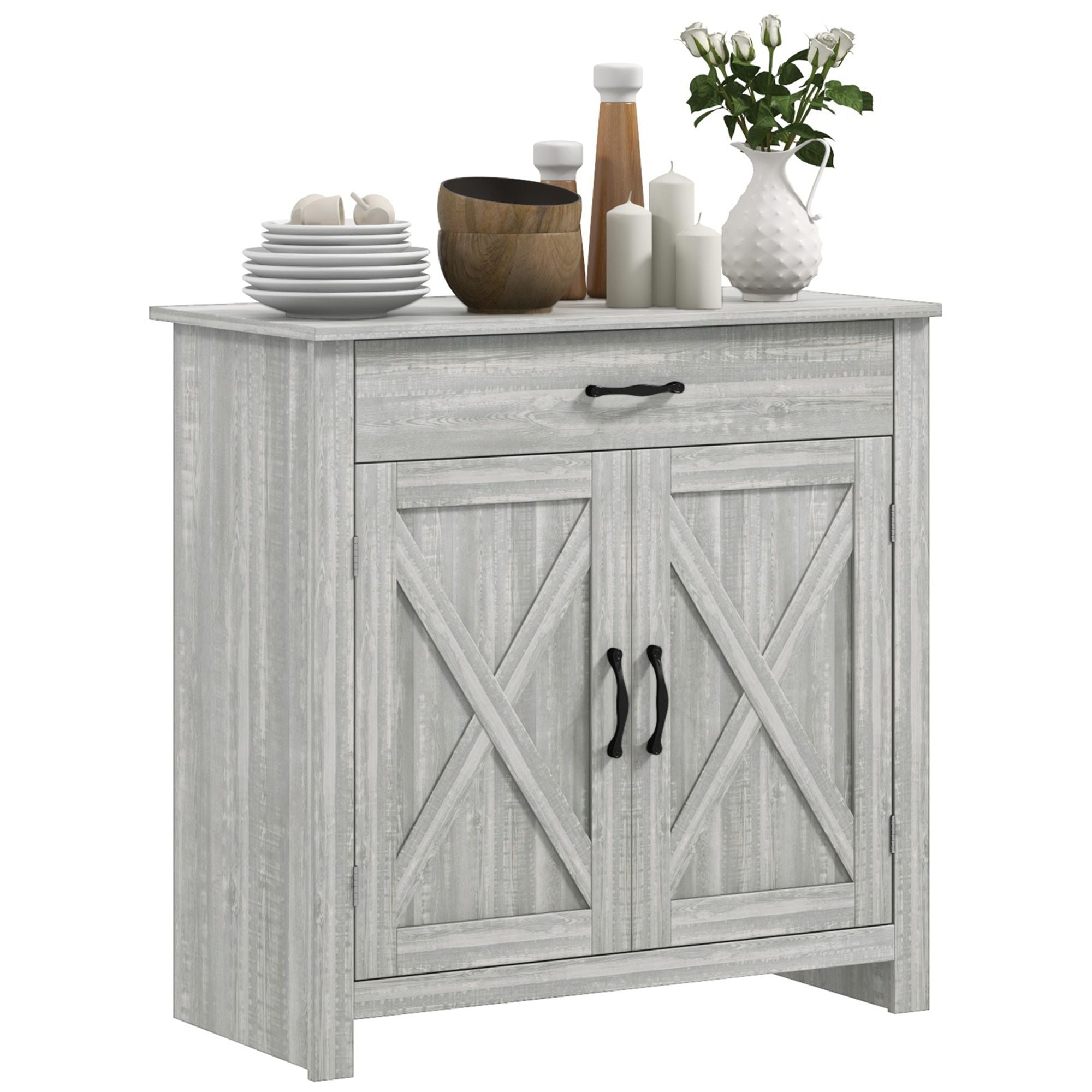 HOMCOM Farmhouse Sideboard Buffet Cabinet, Barn Door Coffee Bar Cabinet with Drawer and Adjustable S