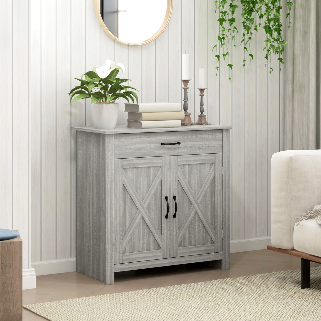 HOMCOM Farmhouse Sideboard Buffet Cabinet, Barn Door Coffee Bar Cabinet with Drawer and Adjustable S