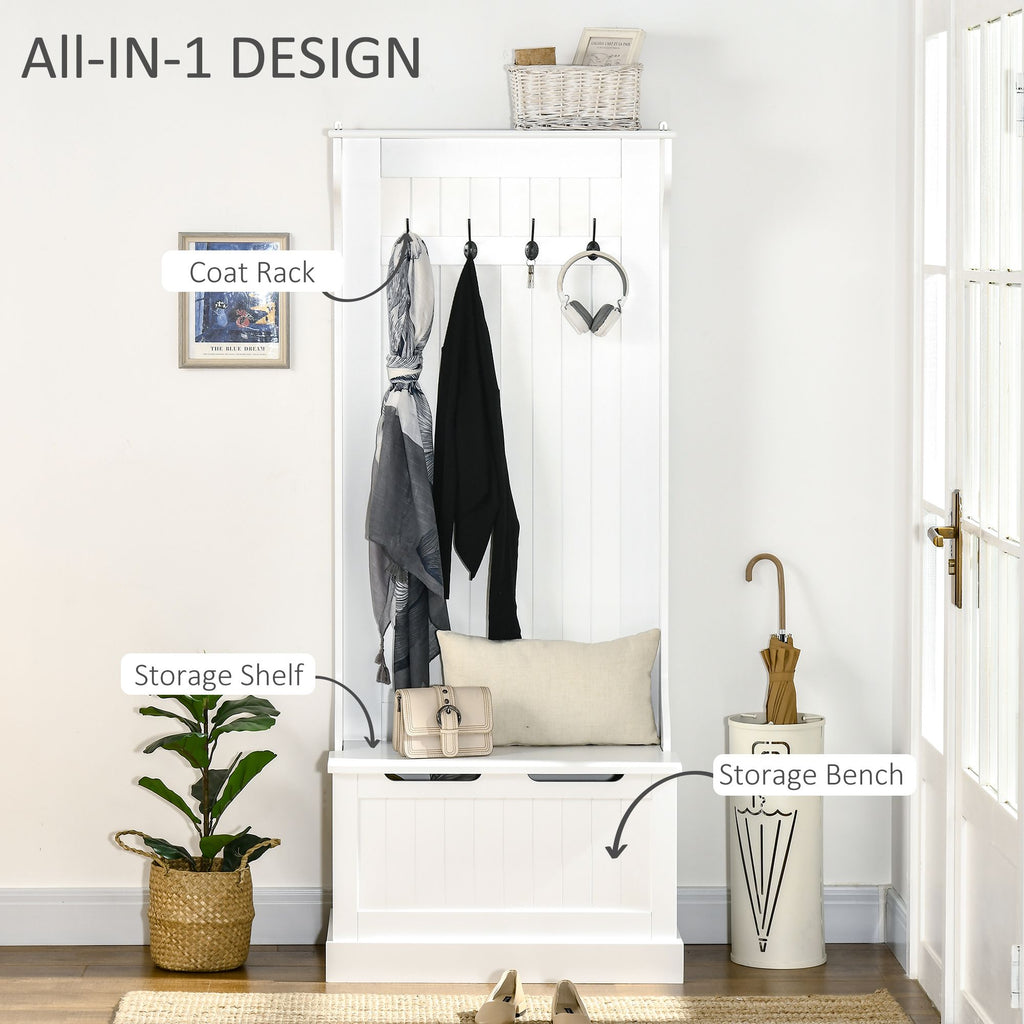 White Hall Tree with Coat Rack, Shoe Storage, and Bench