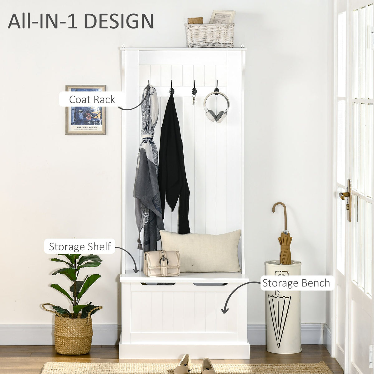 White Hall Tree with Coat Rack, Shoe Storage, and Bench