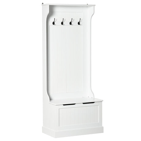 White Hall Tree with Coat Rack, Shoe Storage, and Bench