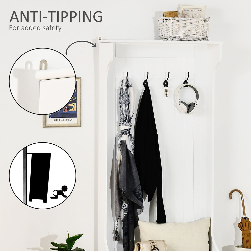 White Hall Tree with Coat Rack, Shoe Storage, and Bench