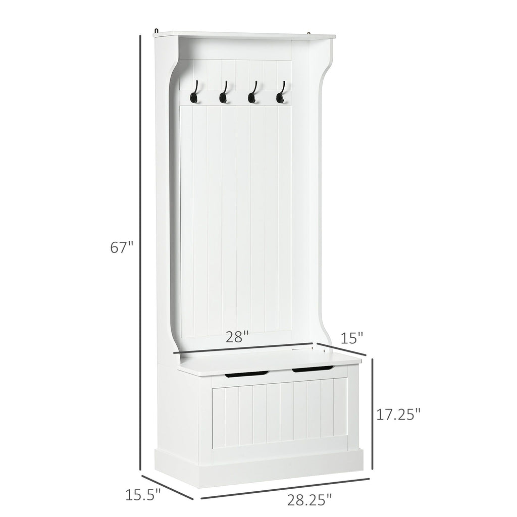 White Hall Tree with Coat Rack, Shoe Storage, and Bench