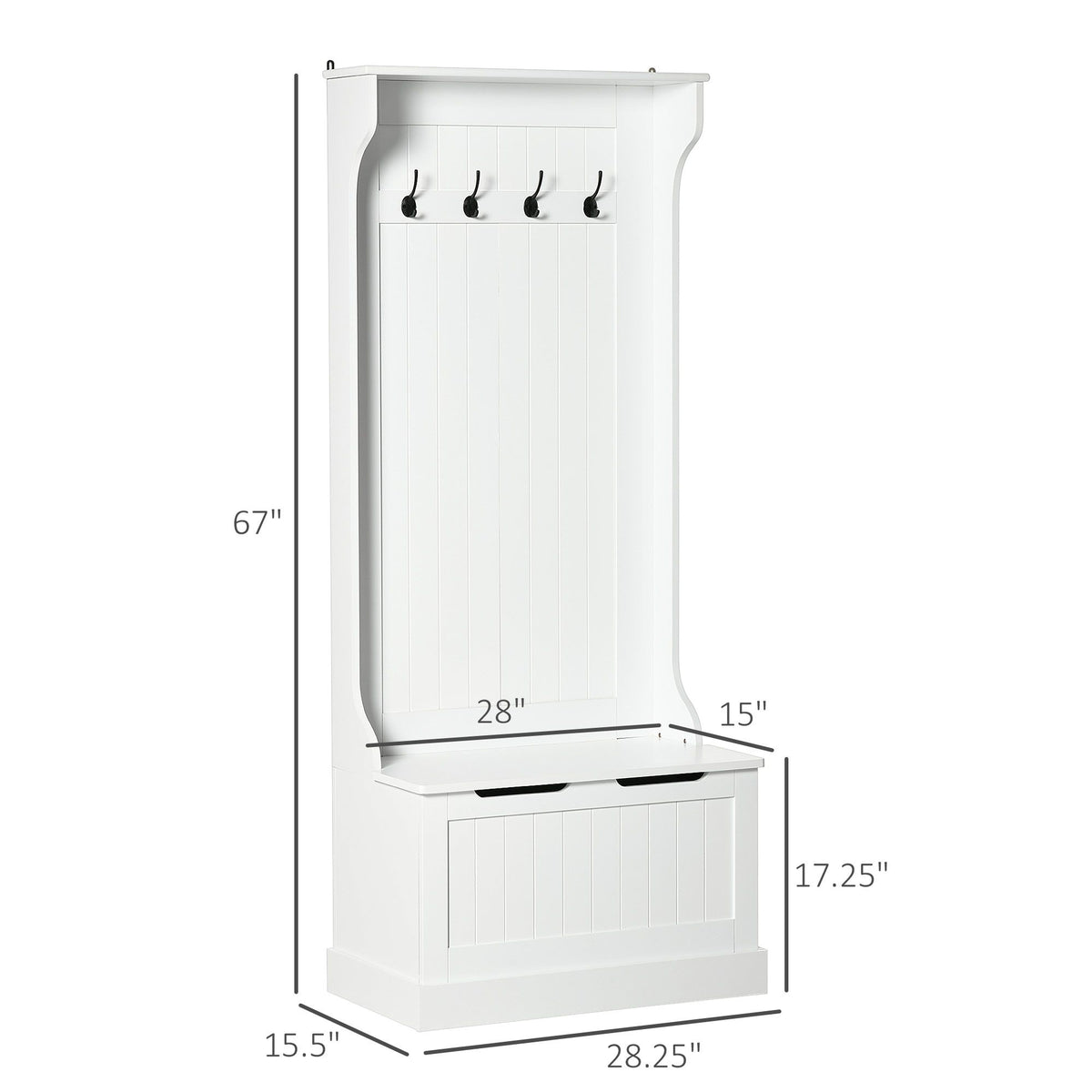 White Hall Tree with Coat Rack, Shoe Storage, and Bench