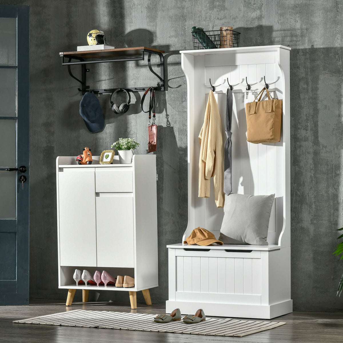 White Hall Tree with Coat Rack, Shoe Storage, and Bench