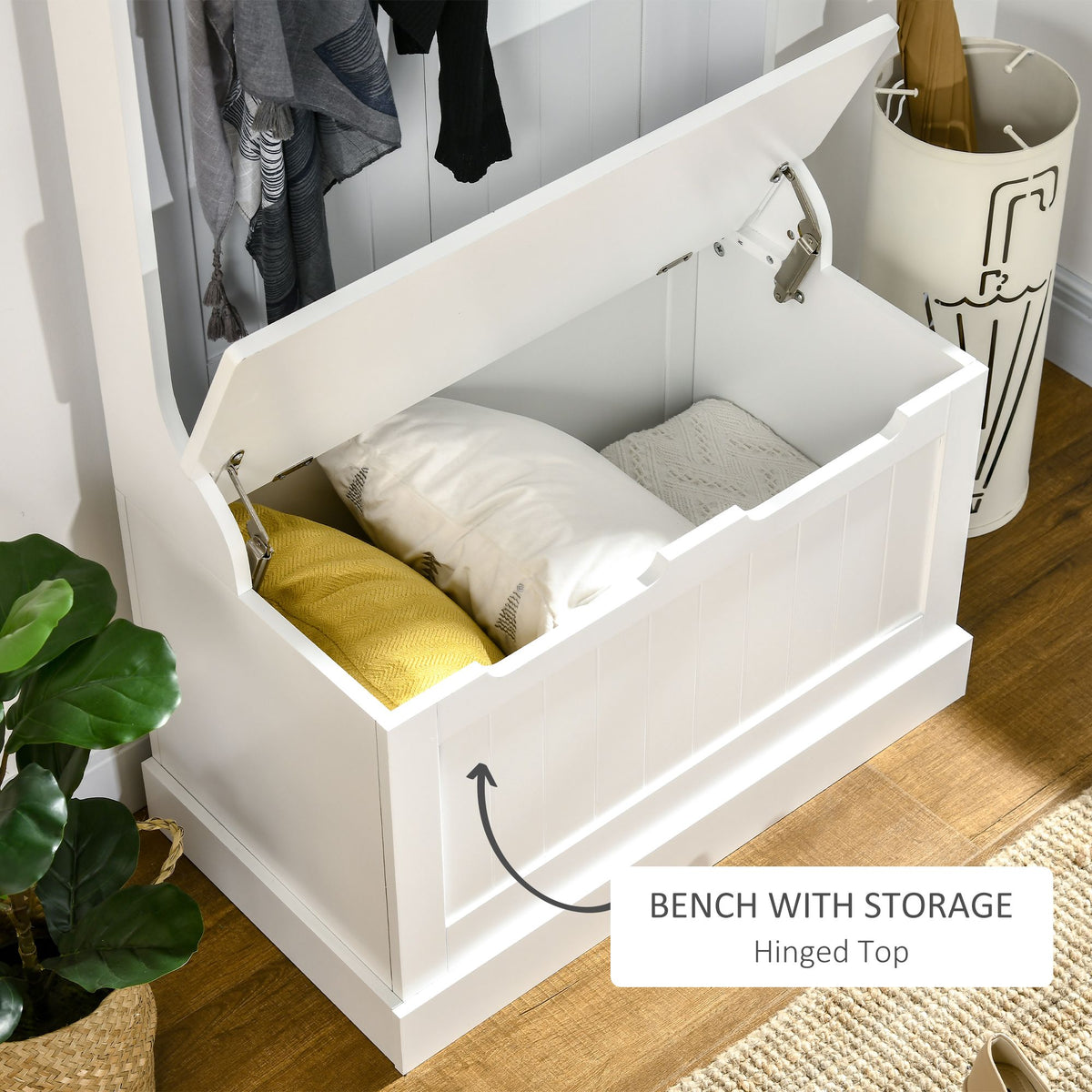 White Hall Tree with Coat Rack, Shoe Storage, and Bench