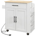 HOMCOM Rolling Kitchen Island with Outlets, Spice Rack & Towel Rack, White