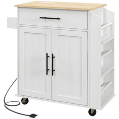 HOMCOM Rolling Kitchen Island with Outlets, Spice Rack & Towel Rack, White