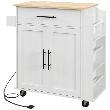 HOMCOM Rolling Kitchen Island with Outlets, Spice Rack & Towel Rack, White
