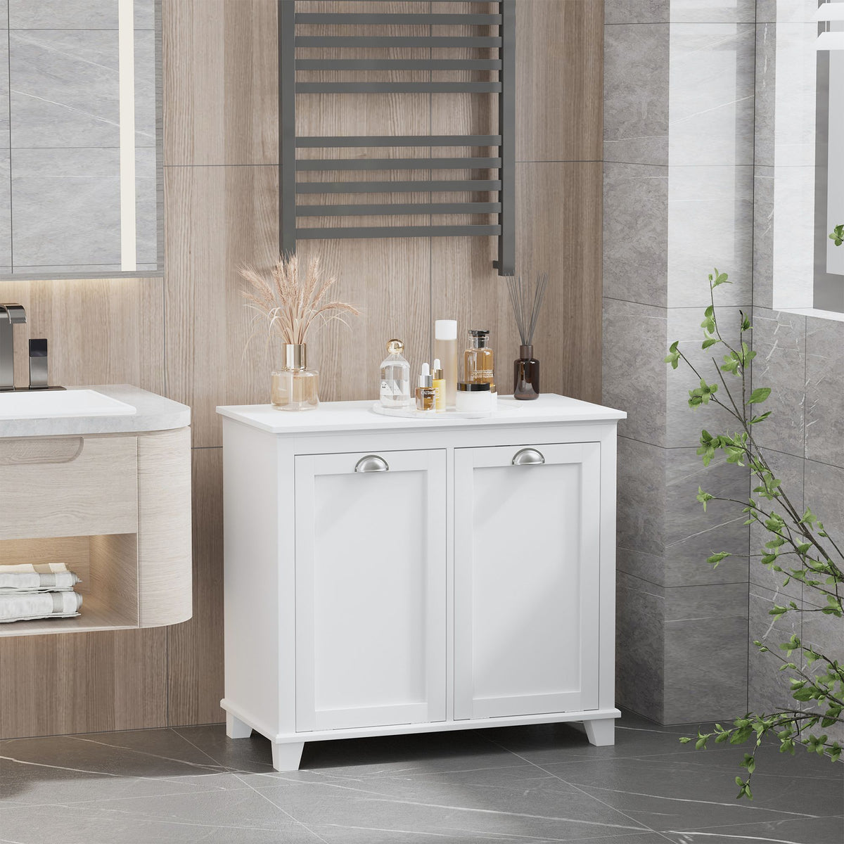 HOMCOM Tilt-Out Laundry Sorter Bathroom Cabinet with Two Storage Compartments
