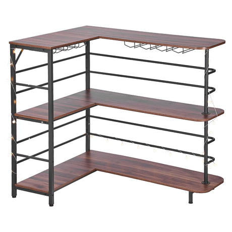 L-Shaped Wine Bar Cabinet with LED Light, 3-Tier Storage Shelves