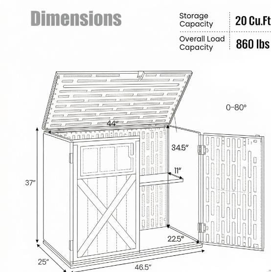 Horizontal Resin Storage Shed 20 Cu. with Adjustable Shelf Outdoor Garden Equipment Organizer Whit