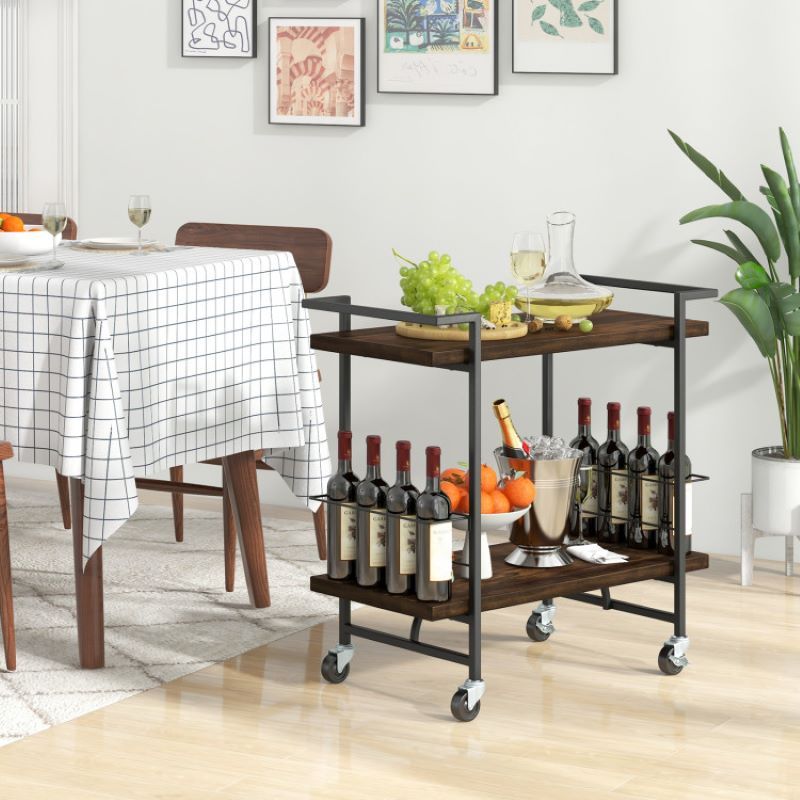Classic Rustic Brown Bar Cart with Lockable Wheels