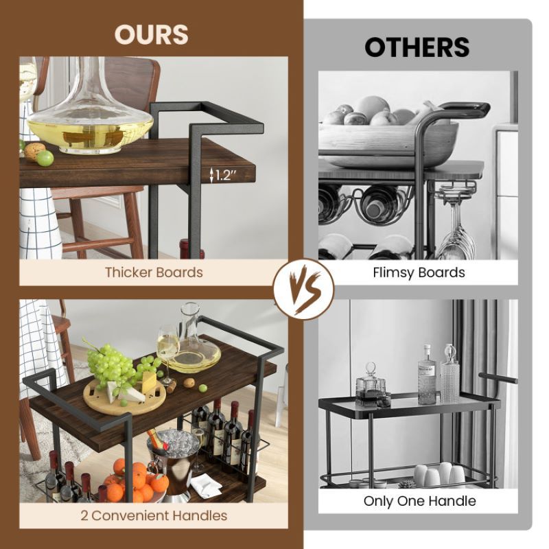 Classic Rustic Brown Bar Cart with Lockable Wheels