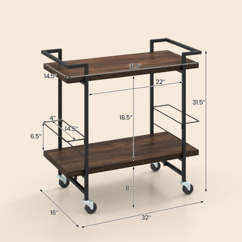 Classic Rustic Brown Bar Cart with Lockable Wheels