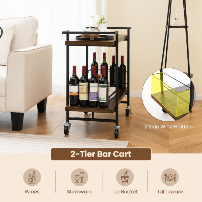 Classic Rustic Brown Bar Cart with Lockable Wheels
