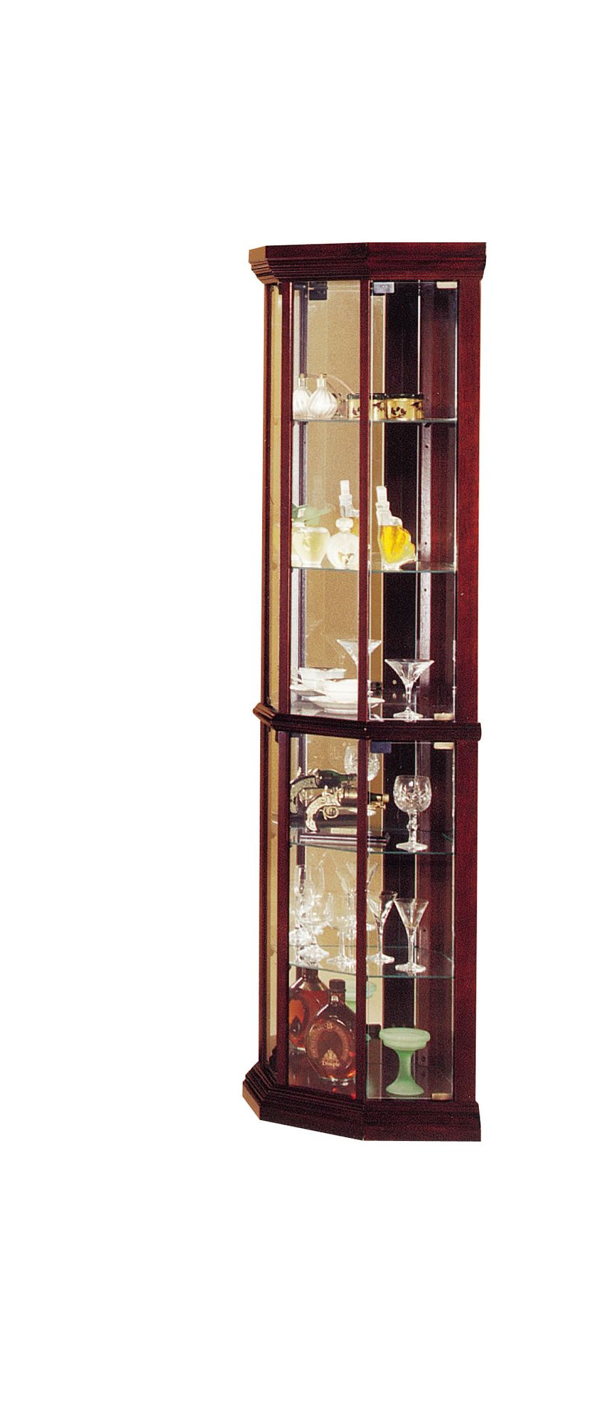 Huxley Cherry Finish Corner Curio Cabinet with Glass Doors and Shelves