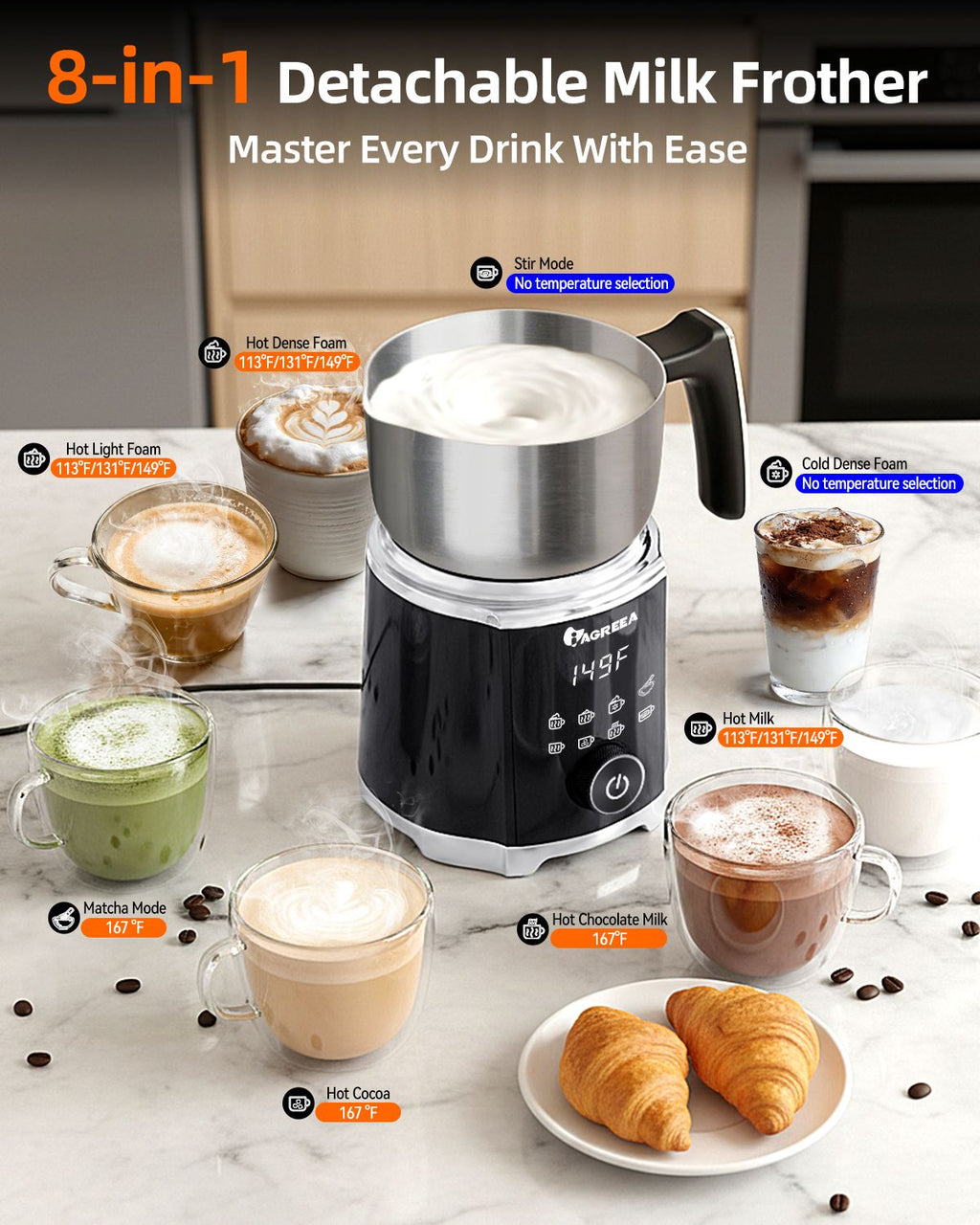 IAGREEA 8-in-1 Large Electric Milk Frother and Steamer for Hot & Cold Foam