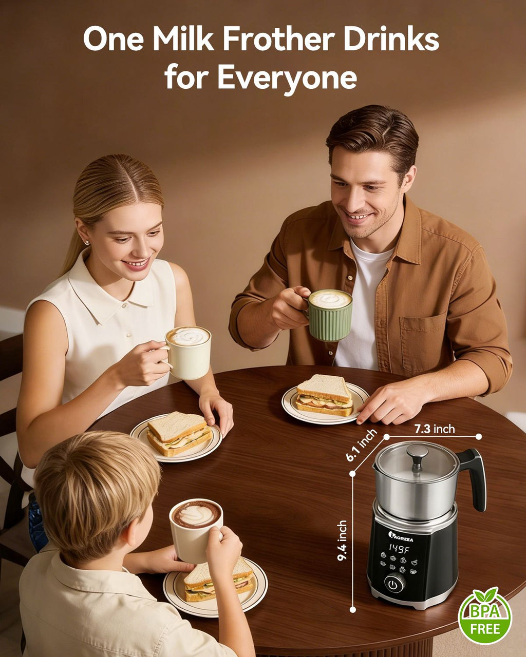 IAGREEA 8-in-1 Large Electric Milk Frother and Steamer for Hot & Cold Foam