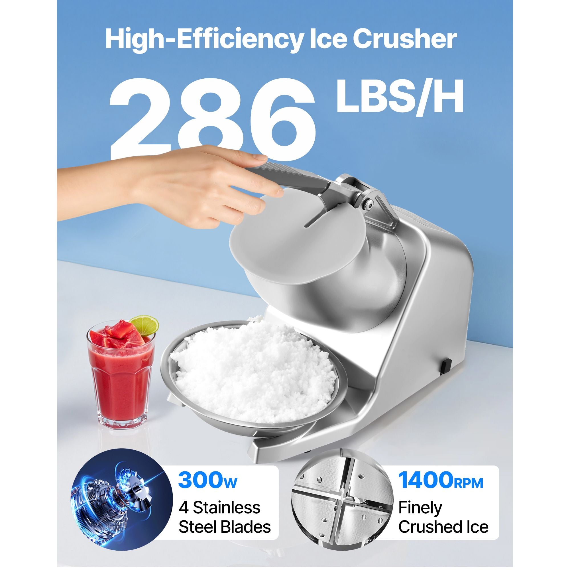 High-Performance Electric Ice Crusher – /hr, 4 Blades, Stainless Steel Snow Cone Maker