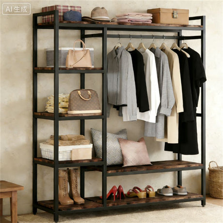 Sturdy Freestanding Wardrobe Organizer with Shelves and Hanging Rods