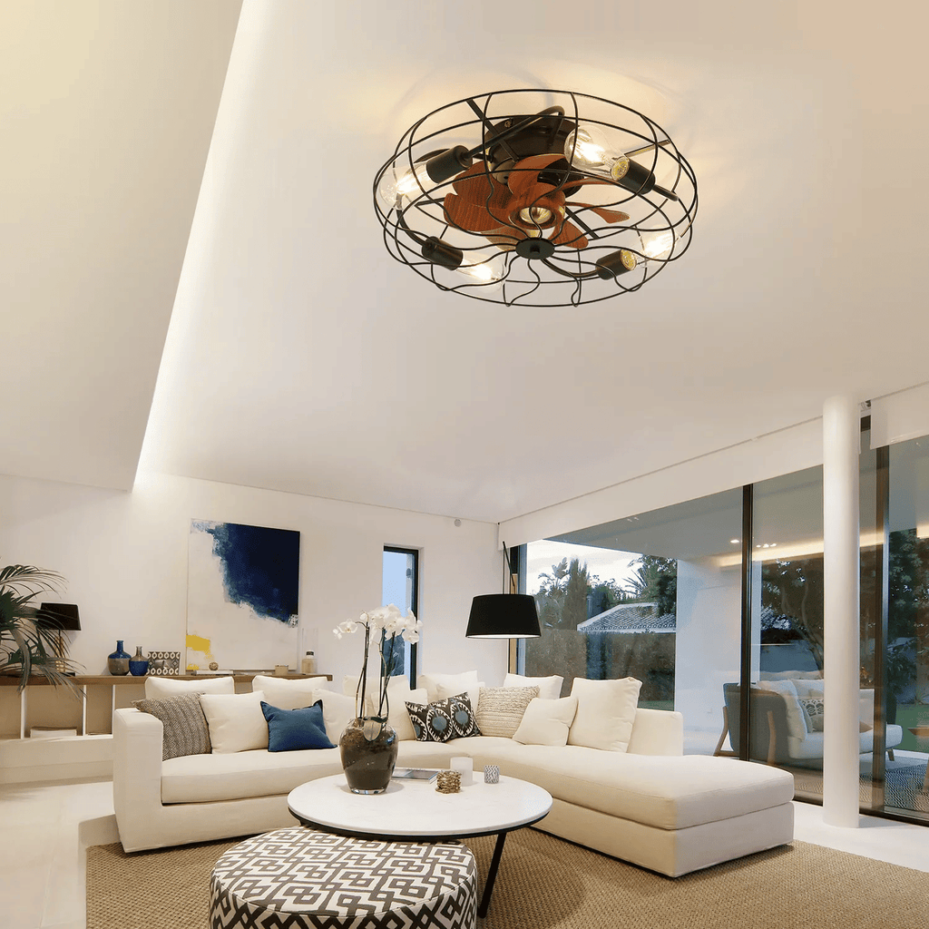 Industrial Flush-Mount Ceiling Fan with Remote and Light
