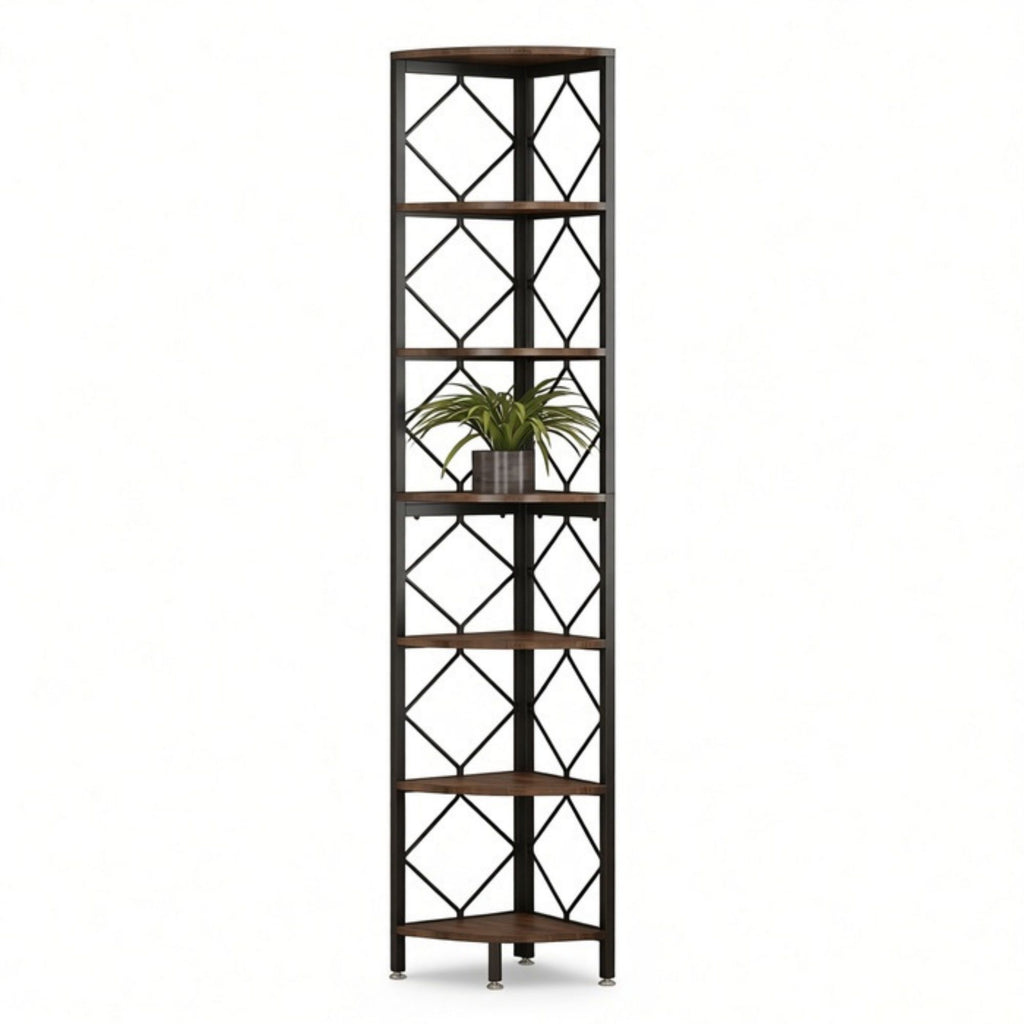 Seven-Tier Industrial Corner Bookshelf