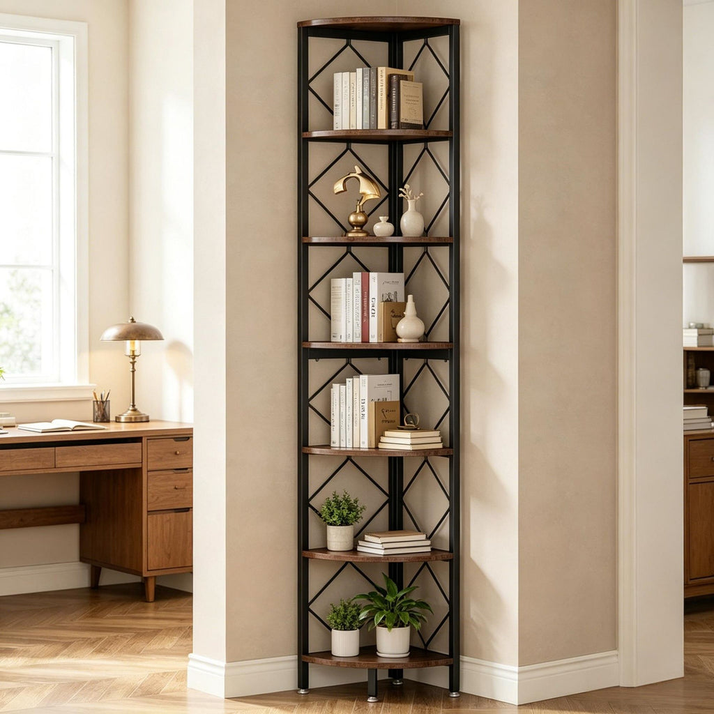 Seven-Tier Industrial Corner Bookshelf
