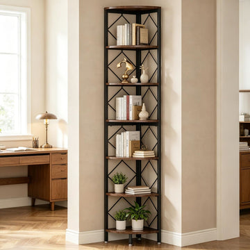 Seven-Tier Industrial Corner Bookshelf