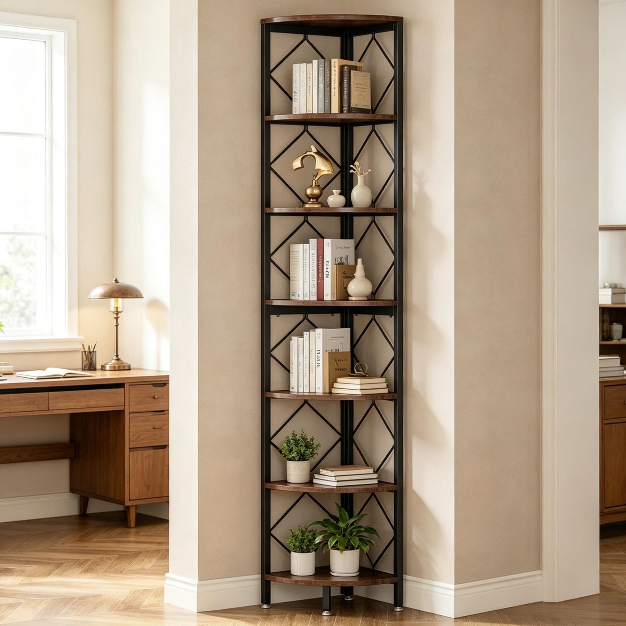 Seven-Tier Industrial Corner Bookshelf