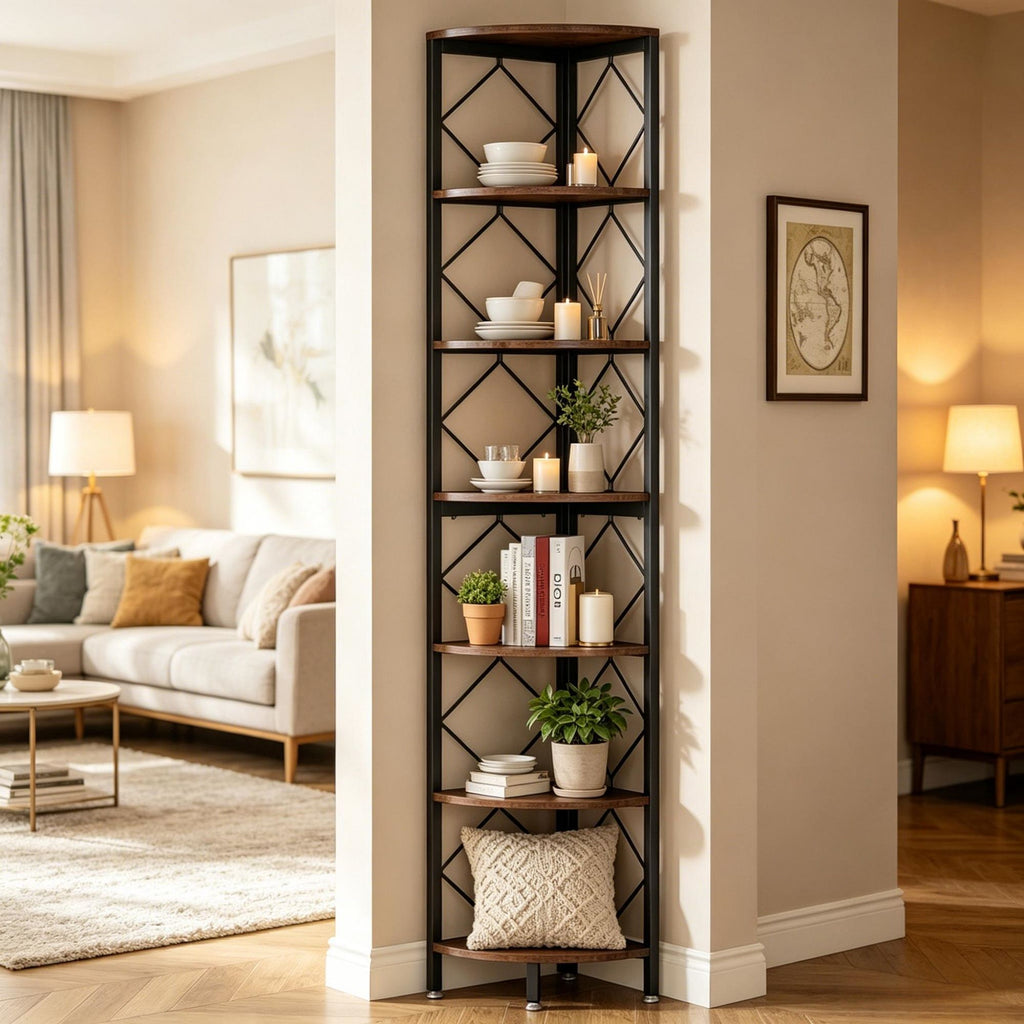 Seven-Tier Industrial Corner Bookshelf