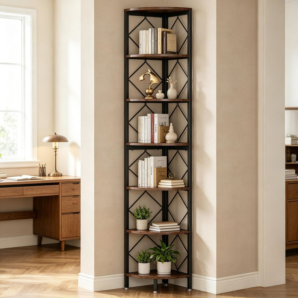 Seven-Tier Industrial Corner Bookshelf