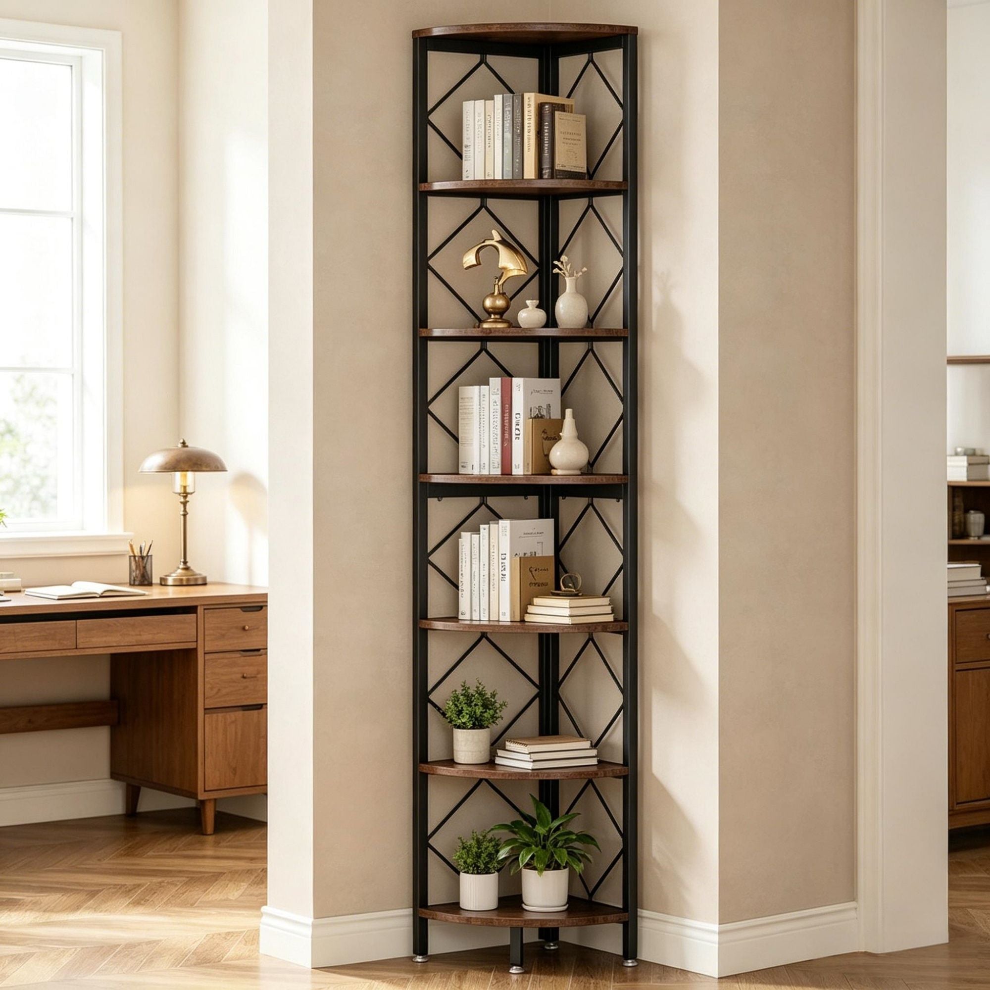Seven-Tier Industrial Corner Bookshelf