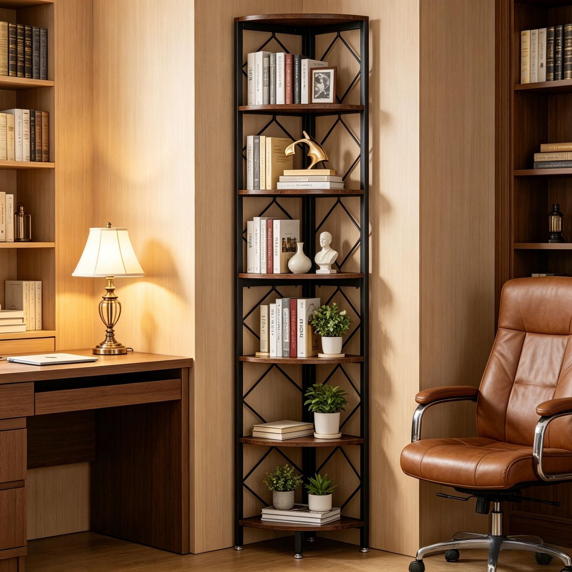 Seven-Tier Industrial Corner Bookshelf