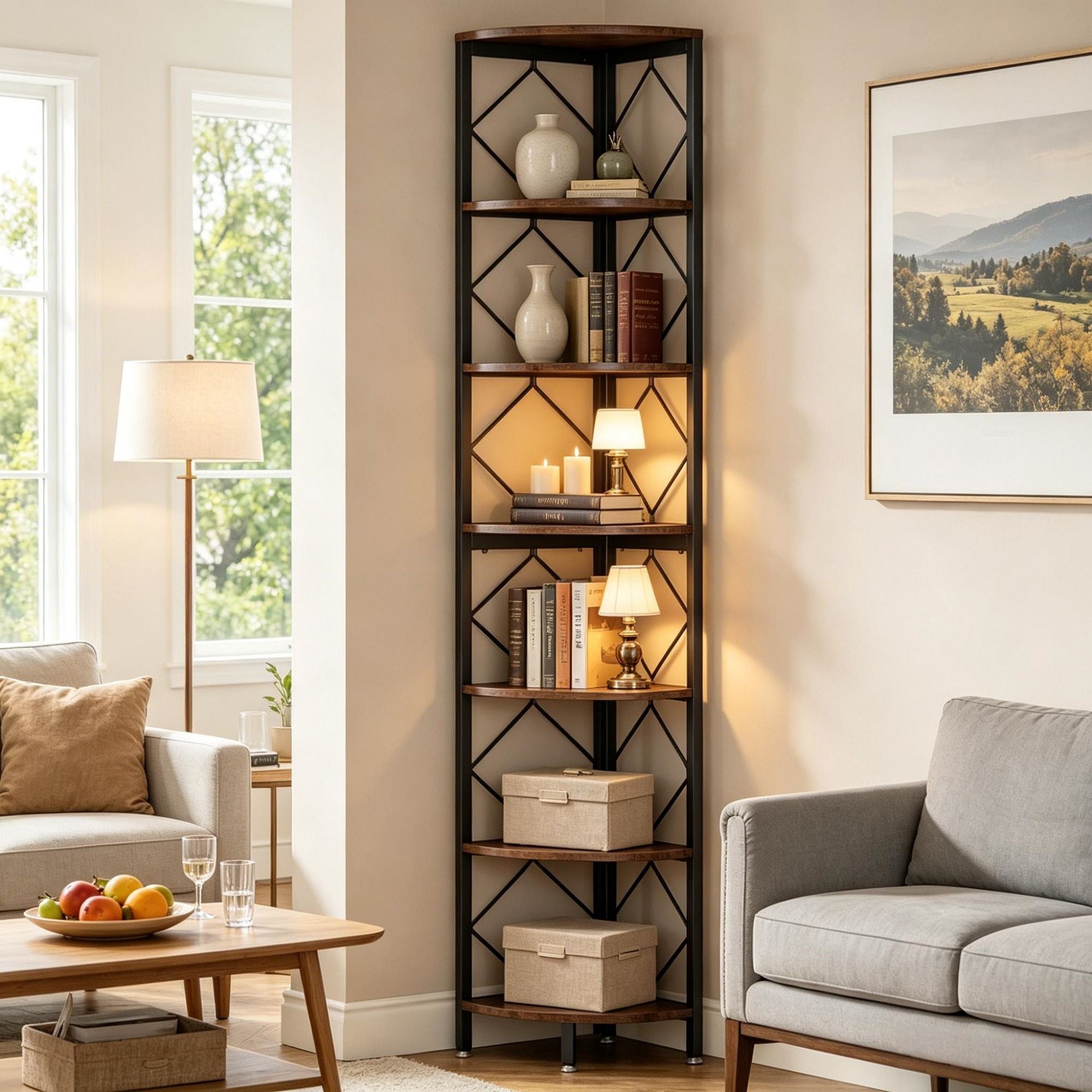 Seven-Tier Industrial Corner Bookshelf