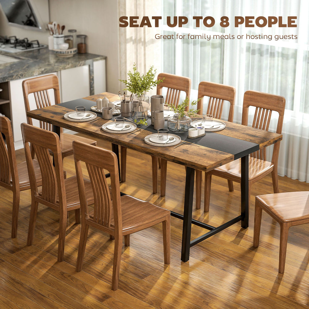 Industrial Dining Table for 8 with Rustic Wood Grain and Black Steel Frame