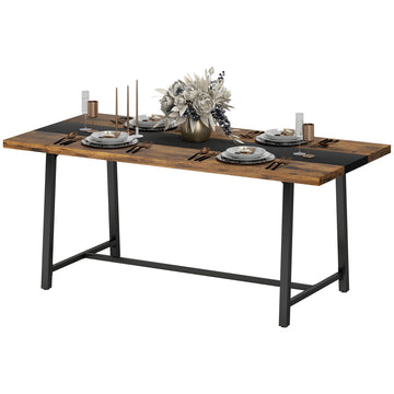 Industrial Dining Table for 8 with Rustic Wood Grain and Black Steel Frame