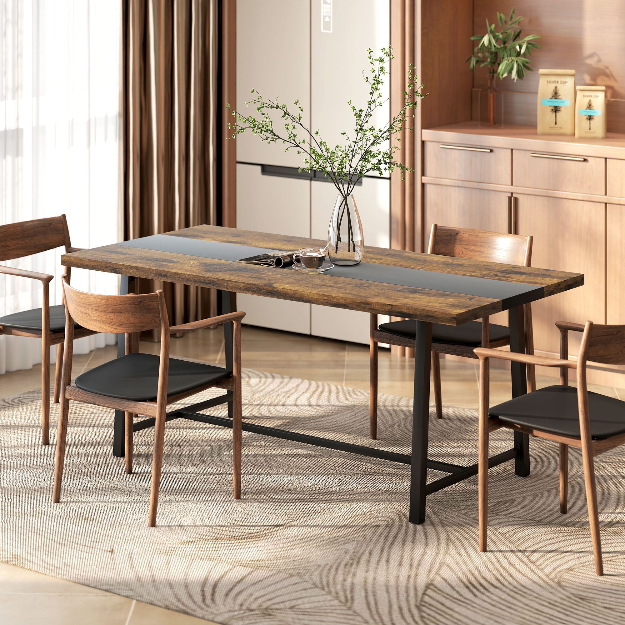 Industrial Dining Table for 8 with Rustic Wood Grain and Black Steel Frame