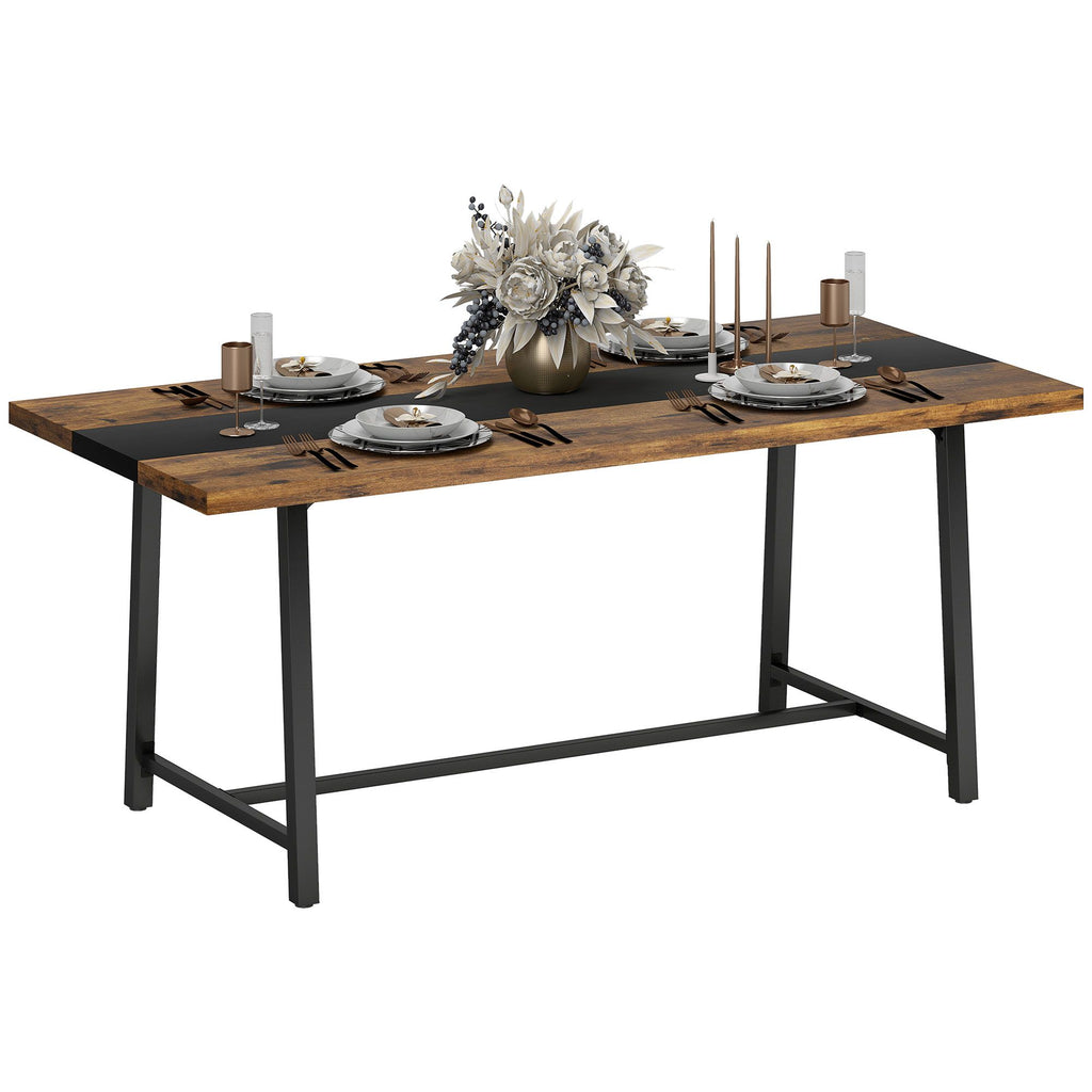 Industrial Dining Table for 8 with Rustic Wood Grain and Black Steel Frame