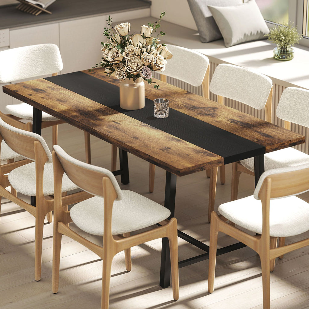 Industrial Dining Table for 8 with Rustic Wood Grain and Black Steel Frame