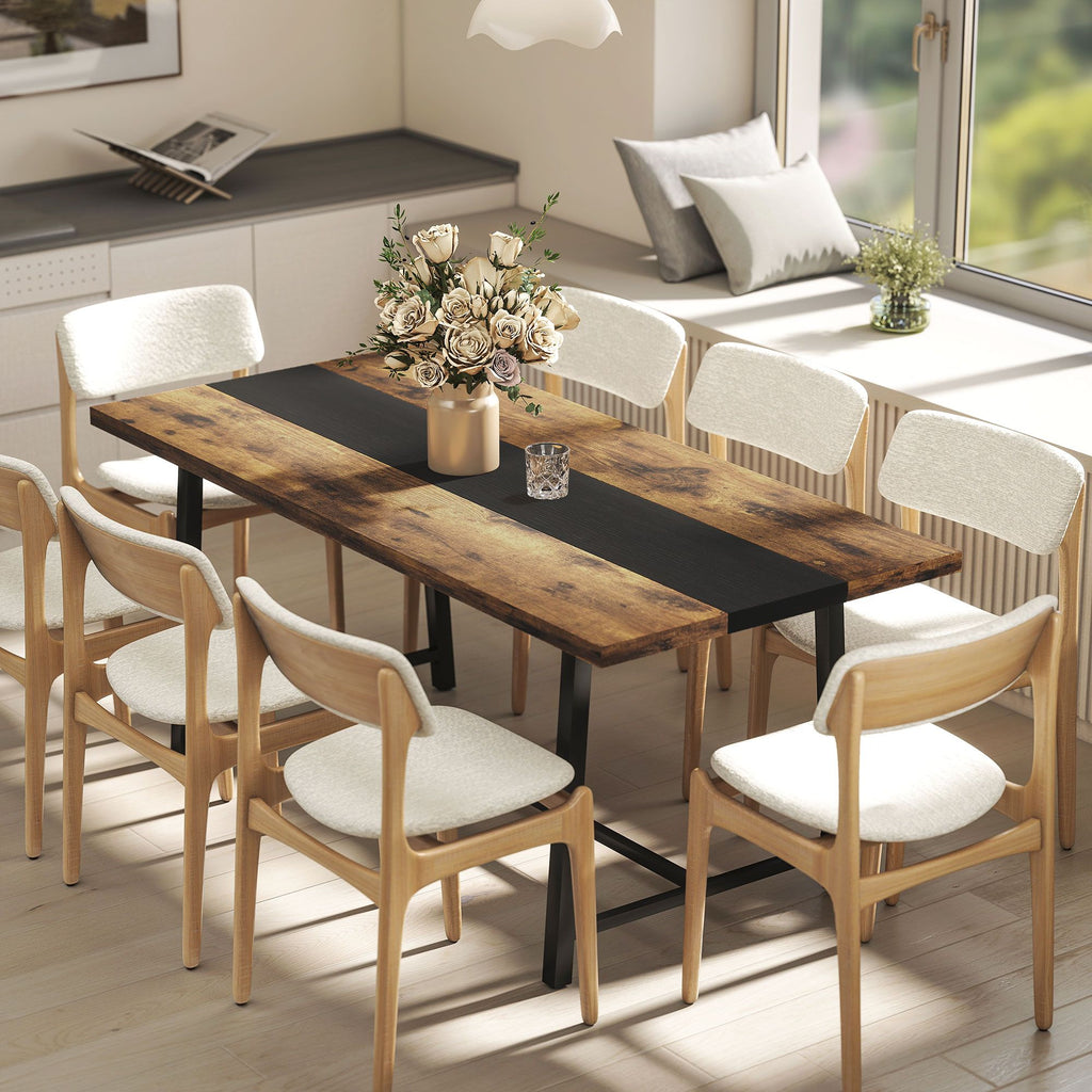 Industrial Dining Table for 8 with Rustic Wood Grain and Black Steel Frame