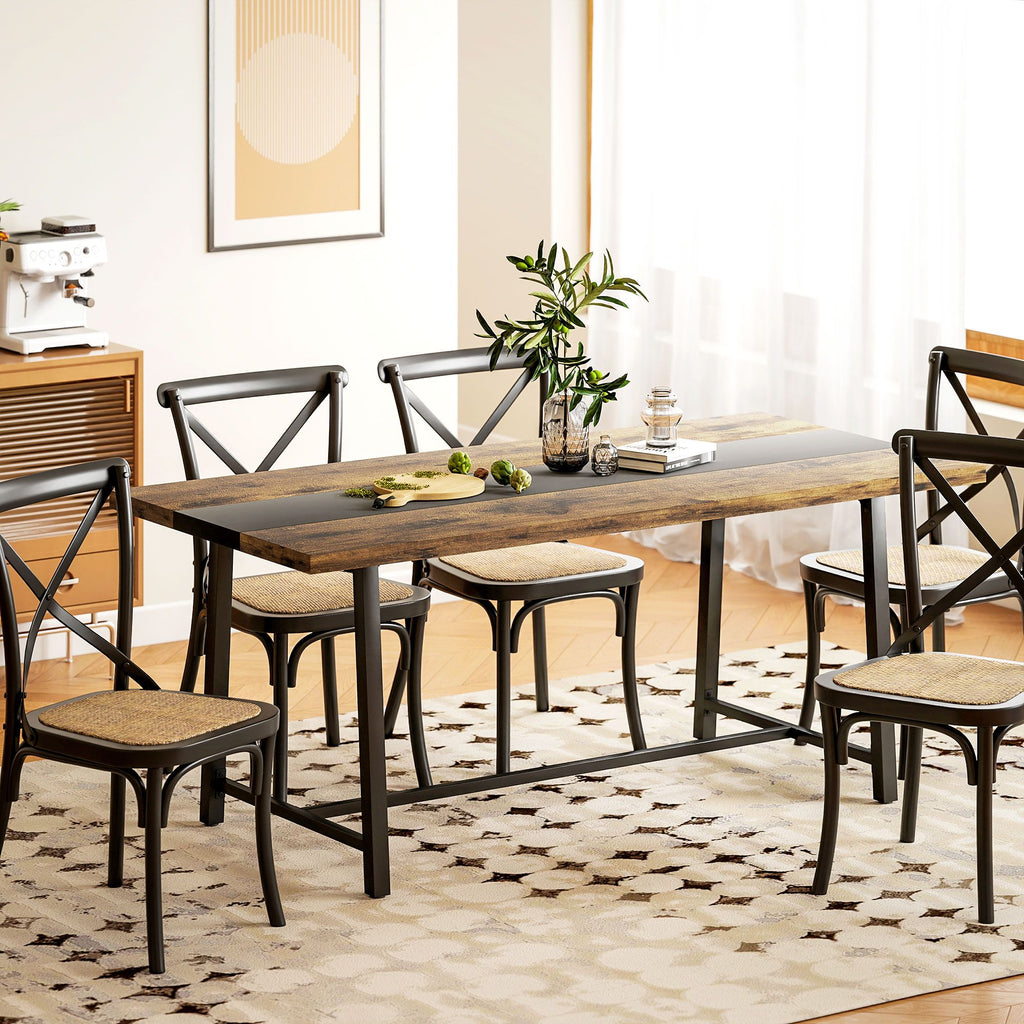 Industrial Dining Table for 8 with Rustic Wood Grain and Black Steel Frame