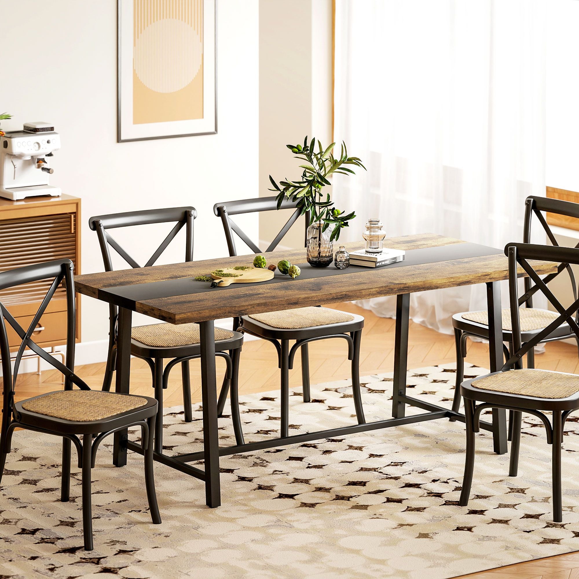 Industrial Dining Table for 8 with Rustic Wood Grain and Black Steel Frame