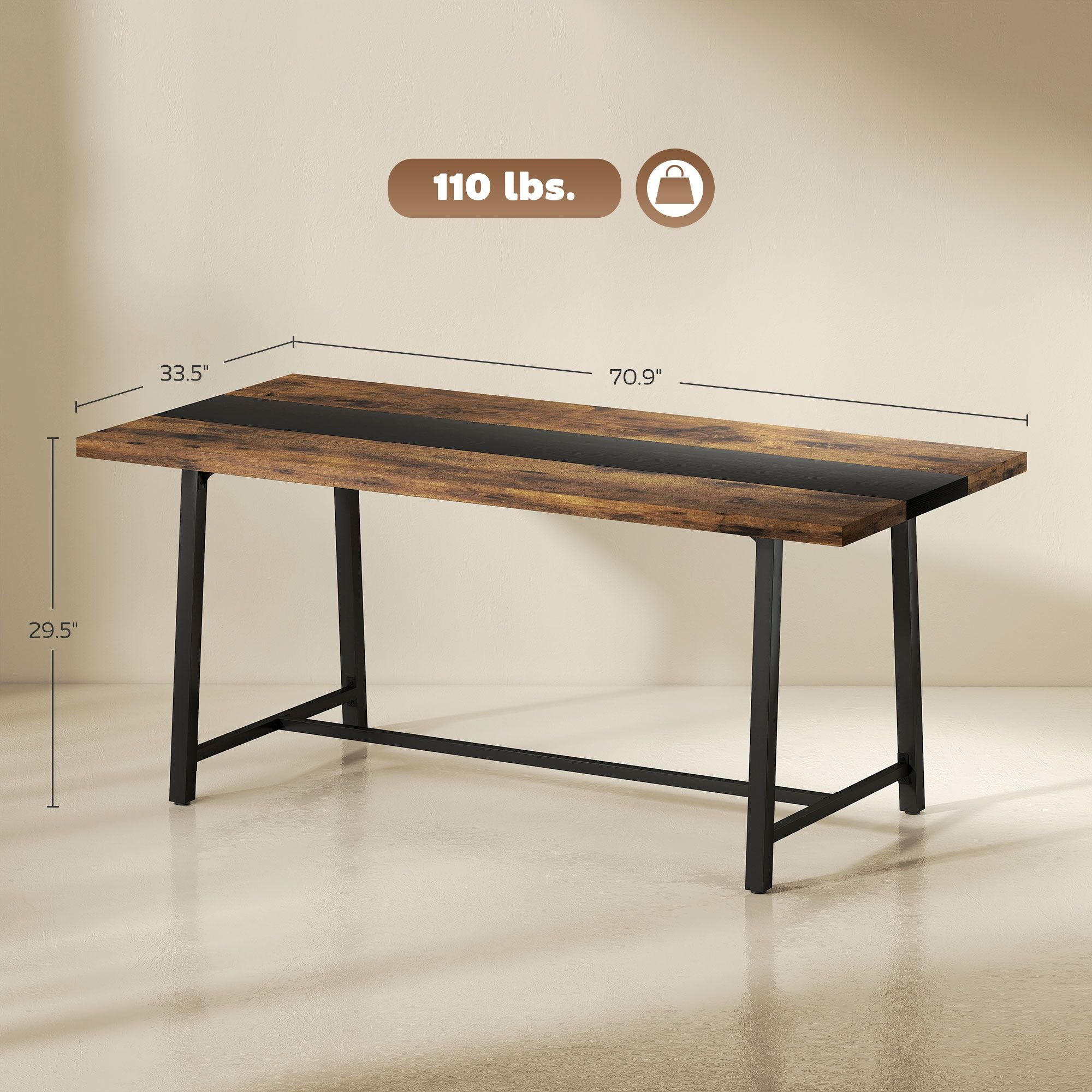 Industrial Dining Table for 8 with Rustic Wood Grain and Black Steel Frame