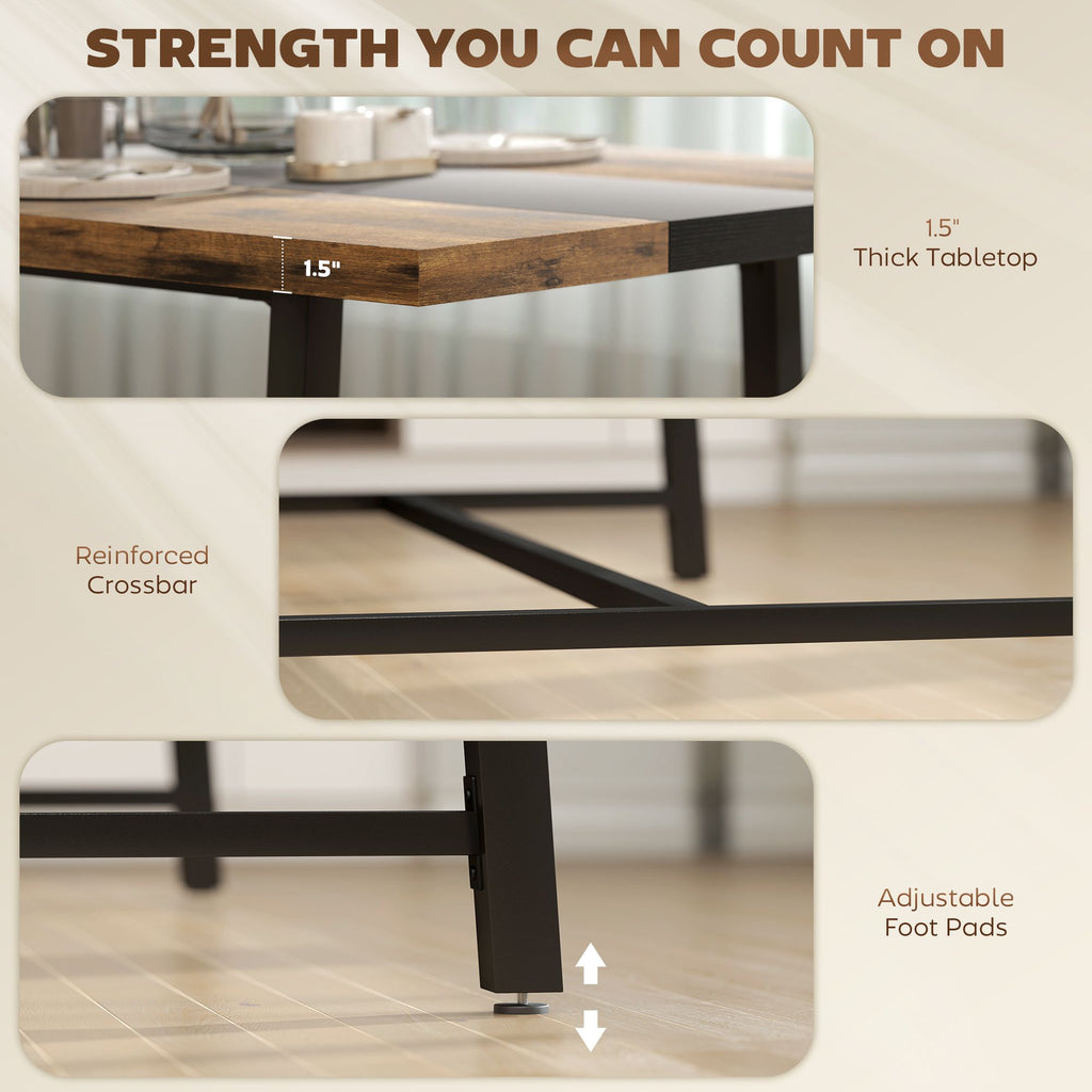 Industrial Dining Table for 8 with Rustic Wood Grain and Black Steel Frame